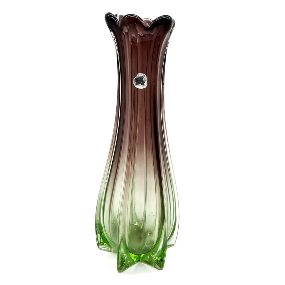 Vintage MCM Merano ? Vase With Sticker Green Purple Mundblown Glass Mid- Century